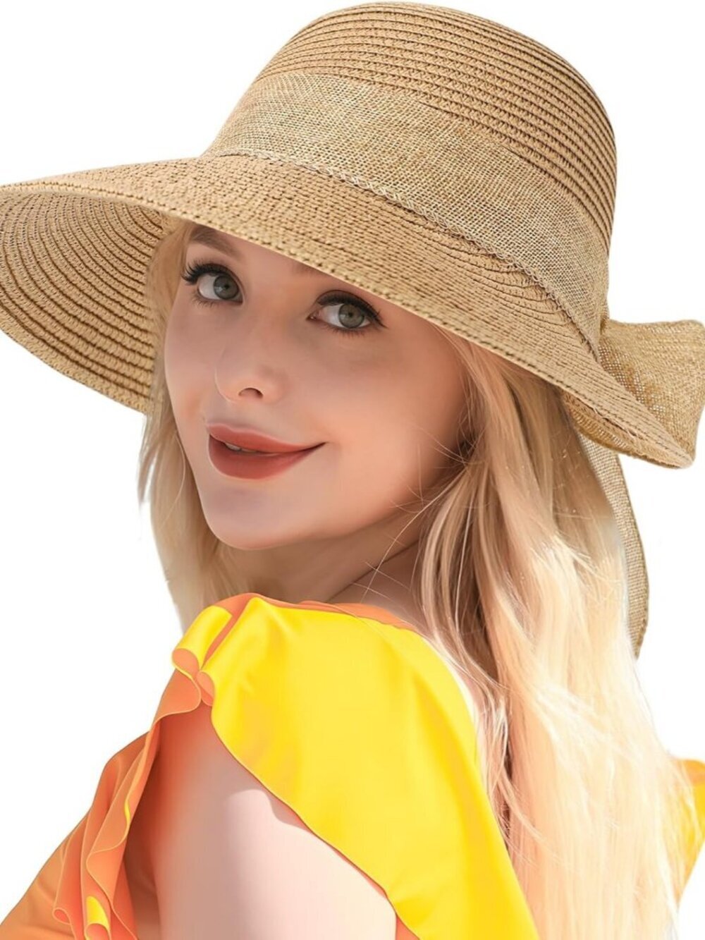 Women's Sun Hats Straw Beach Hat UV Sun Protection Foldable Bowknot Khaki